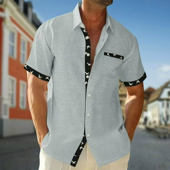 Large Men T Shirt Clearance, Xunlbb Men Casual Color Blocked Turndown Collar Button Short Sleeved Shirt