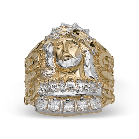 CZ Large Jesus Head Last Supper Men’s Adult Ring 10K Yellow White Gold, 4.80 Gr – Goldum NYC