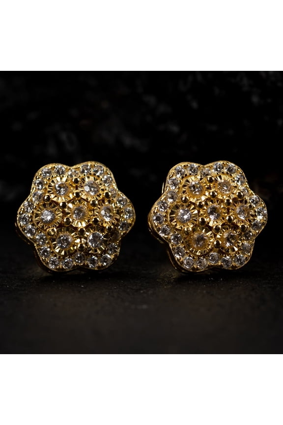 Large 14K Yellow Gold Plated 925 Sterling Silver Screw Back Post Iced CZ Round Flower Cluster Circle Hip Hop Big Stud Earrings