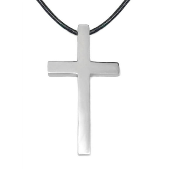 Large Mens Stainless Steel Cross Necklace on Black Leather Cord (20 Inch)