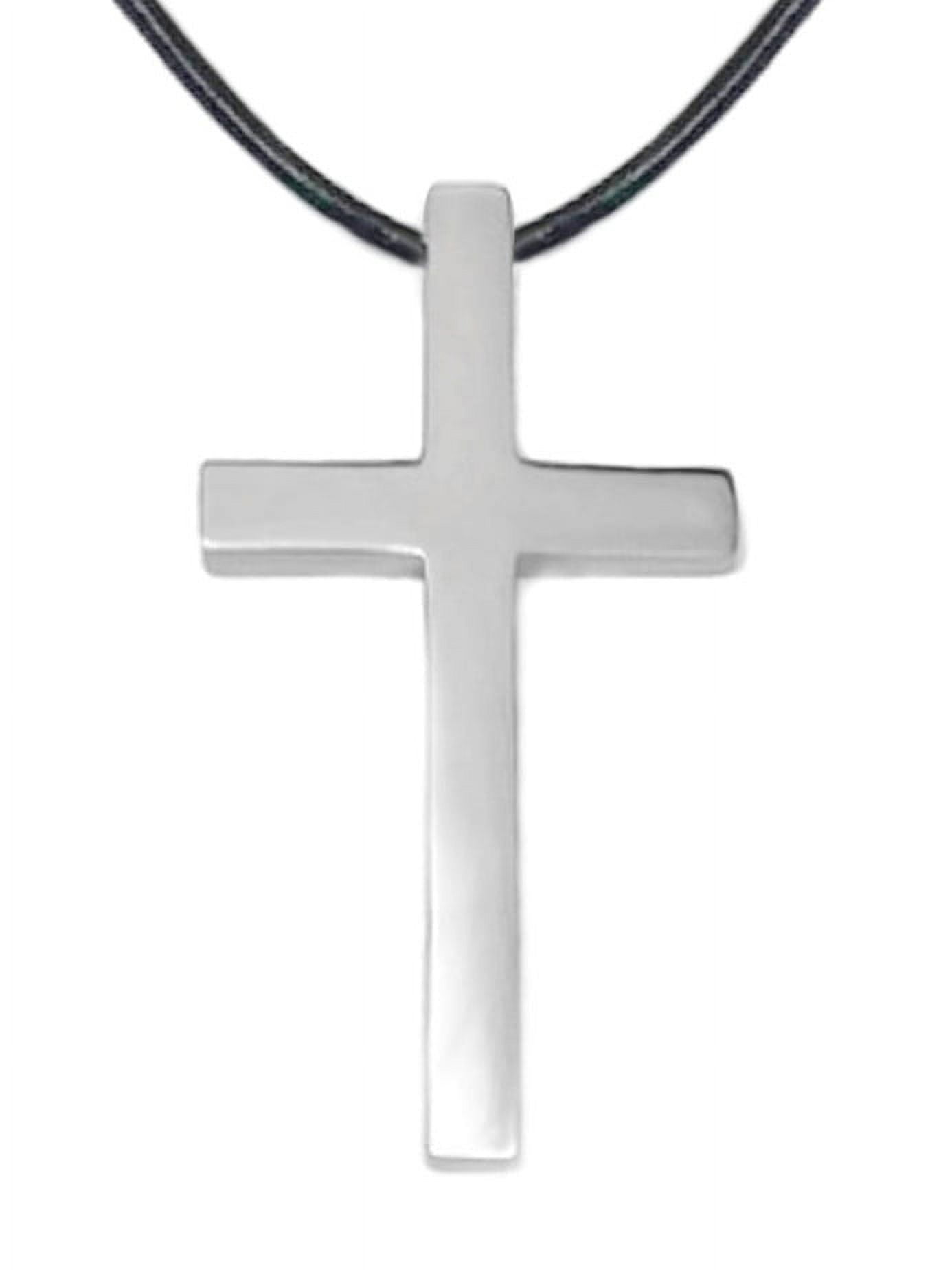 Large Mens Stainless Steel Cross Necklace on Black Leather Cord (24 Inch)