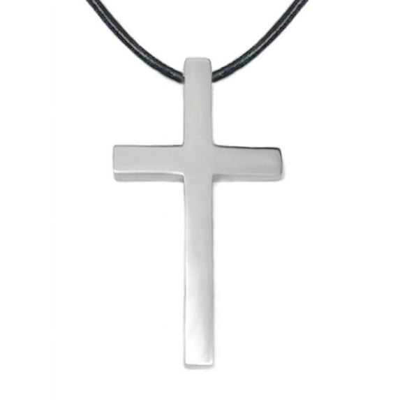 Large Mens Stainless Steel Cross Necklace on Black Leather Cord (24 Inch)
