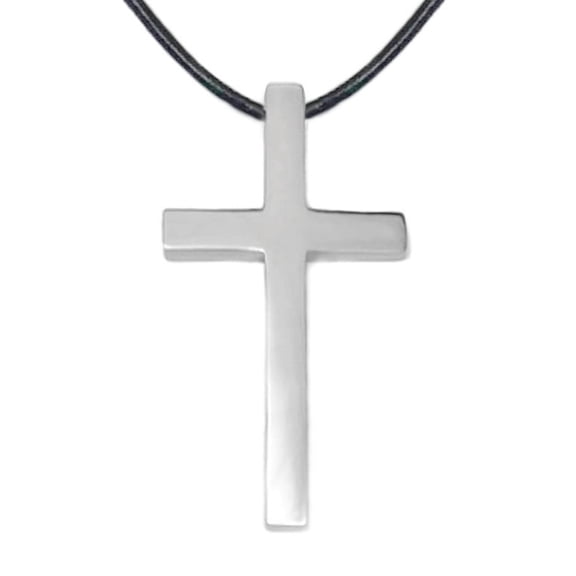 Large Mens Stainless Steel Cross Necklace on Black Leather Cord (24 Inch)