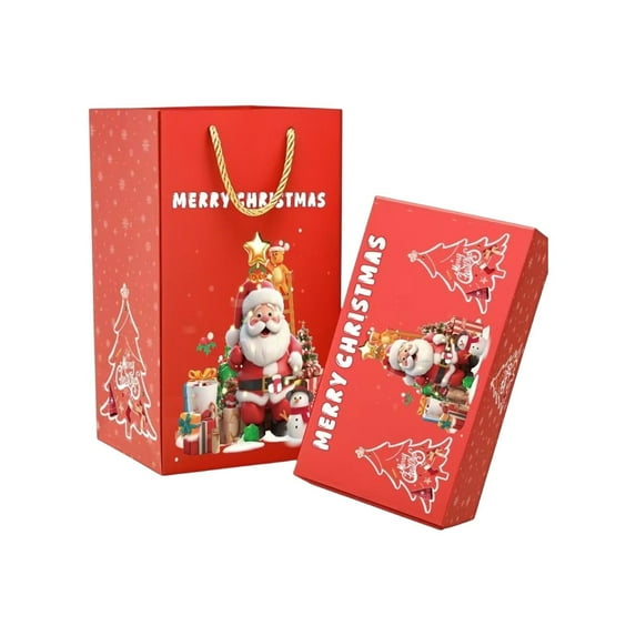 Large Merry Christmas Gift Bag with Santa Claus Design, Holiday Present Bag with Rope Handle and Gift Box, Reusable Xmas Packaging for Family, Friends, Parties, and Festive Celebrations
