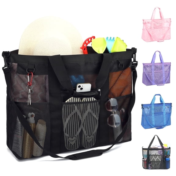 Fammart XL Mesh Beach Bag, Beach Tote with Zipper Pocket for Family Pool Bag for Toys & Vacation Essentials, Black