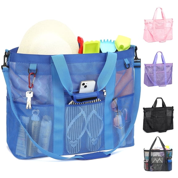 Mesh XL Beach Bag,Beach Tote with Zipper Pocket for Family Pool Bag for Toys & Vacation Essentials, Blue