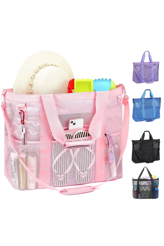 Extra Large Mesh Beach Bag for Women/Girls, Packable Sandproof Beach Tote with Zipper Closure, Toys Pool Bag for Family Beach Trip, Vacation Essentials, Pink