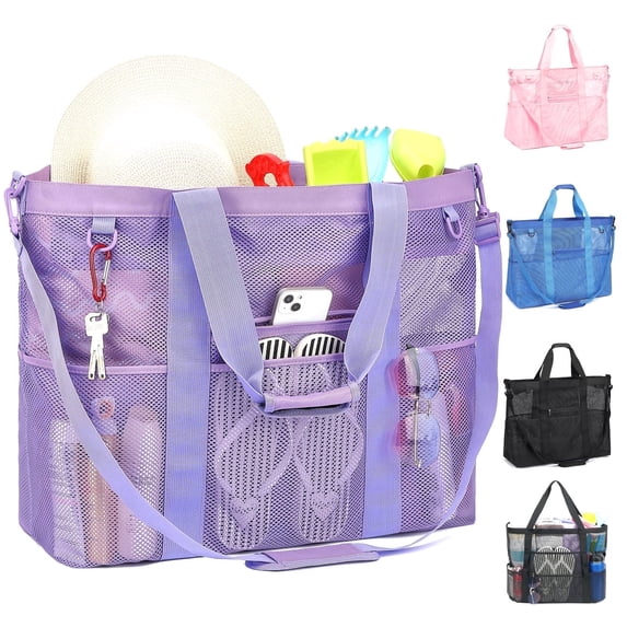 Extra Large Mesh Beach Bag for Women/Girls, Packable Sandproof Beach Tote with Zipper Closure, Toys Pool Bag for Family Beach Trip, Vacation Essentials,Purple
