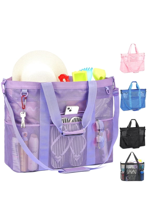 XL Mesh Beach Bag, Large Beach Tote with Zipper Pocket for Family Pool Bag for Toys & Vacation Essentials, Purple