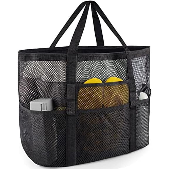 Large Mesh Beach Tote Bag, Black Family Beach Bag with Multiple Pockets for Toys Towels Vacation Essentials