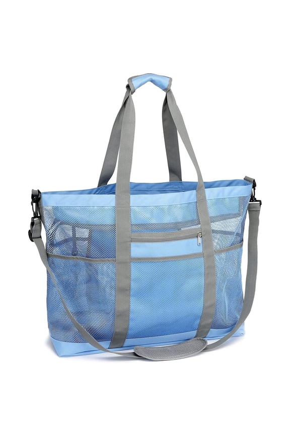 Large Mesh Beach Tote Bag with 9 Pockets, Beach Bags for Family Beach Trip & Outdoors, Blue