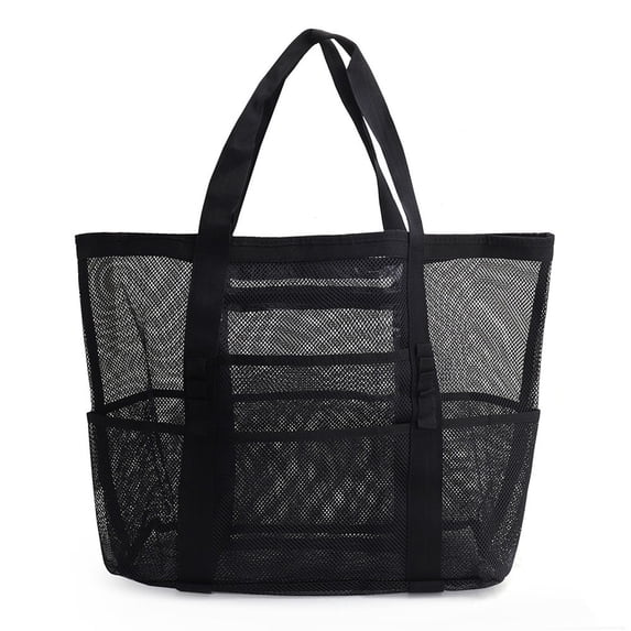 Large Mesh Beach Tote Bag with Multi-Pockets Foldable for Cruise Travel Pool and Outdoor Family Trips(Black,One Size)