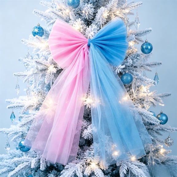 Large Mesh Christmas Tree Topper Bow with Long Streamers, 28.74 x 13.39 in Polyester, Blue