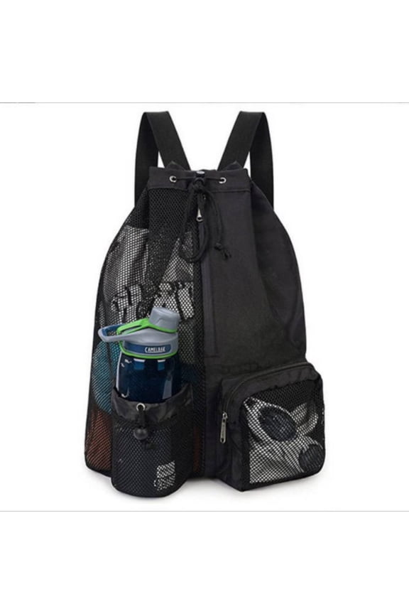 Large Mesh Drawstring Bag Heavy Duty Drawstring Backpack Black Mesh Bags Sports Nylon Cinch Sack Multi Functional Mesh Equipment Bag for Swimming, Beach, Diving, Travel, Gym, Camping, Training, Black