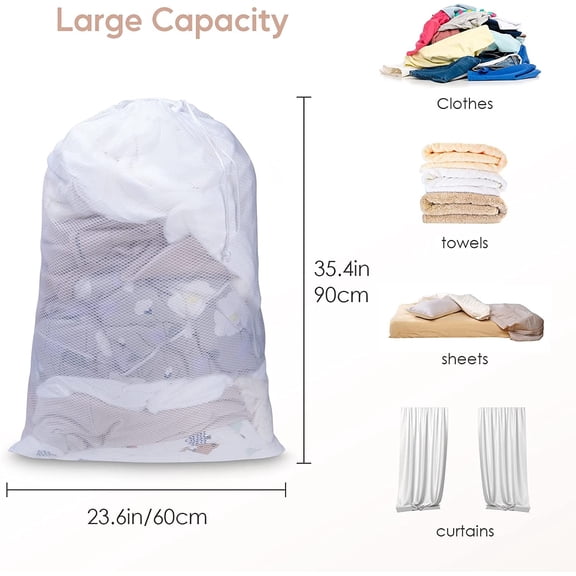 Large Mesh Laundry Bag 24x36 Inch Heavy Duty Drawstring Laundry Hamper Liner Machine Washable Multipurpose Laundry Organizer for Travel, Storage, Sports, Dorm Use White 1pc