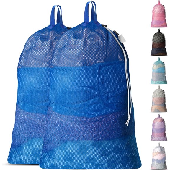 Large Mesh Laundry Bags - 2-Pack Heavy Duty with Handles & Drawstring - Machine Washable Net Laundry Sacks for College Dorm, Camp, Travel, Bedding & Clothes Storage (Blue)