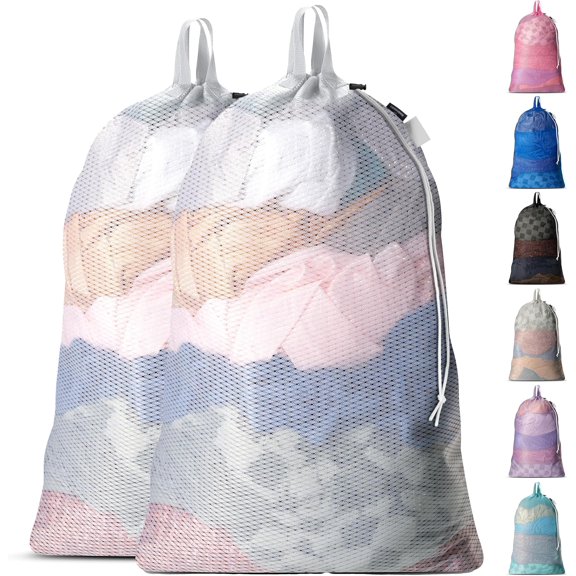Large Mesh Laundry Bags - 2-Pack Heavy Duty with Handles & Drawstring - Machine Washable Net Laundry Sacks for College Dorm, Camp, Travel, Bedding & Clothes Storage (White)