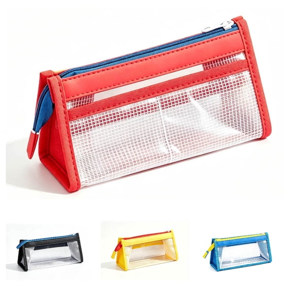 Large Mesh Pencil Cases 8.3 Inch, Clear Transparent Stationeries Bag for Kidults, High Capacity Class Pencil Bag with Bottom, Red