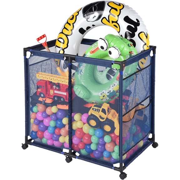 Large Mesh Pool Storage Bin Netting Organizer 36" L x24 W x 35" H Rolling Storage Cart with Extended Sturdy Connector & Metal Frame Organizer for Float Goggles Container, Backyard Garage, Blue