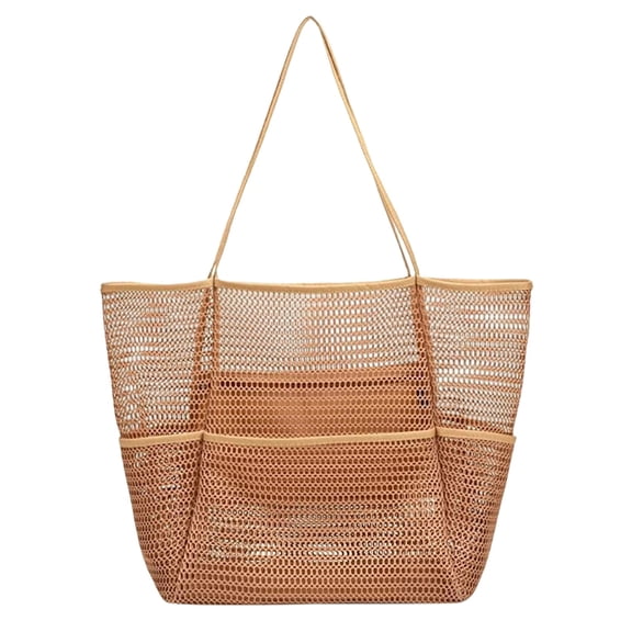 Large Mesh Tote 14 Inch for Cruise Vacation, Lightweight Beach Bag for Women, Foldable Sandproof Pool Travel Tote with Mini Pocket, Travel Accessories, Brown
