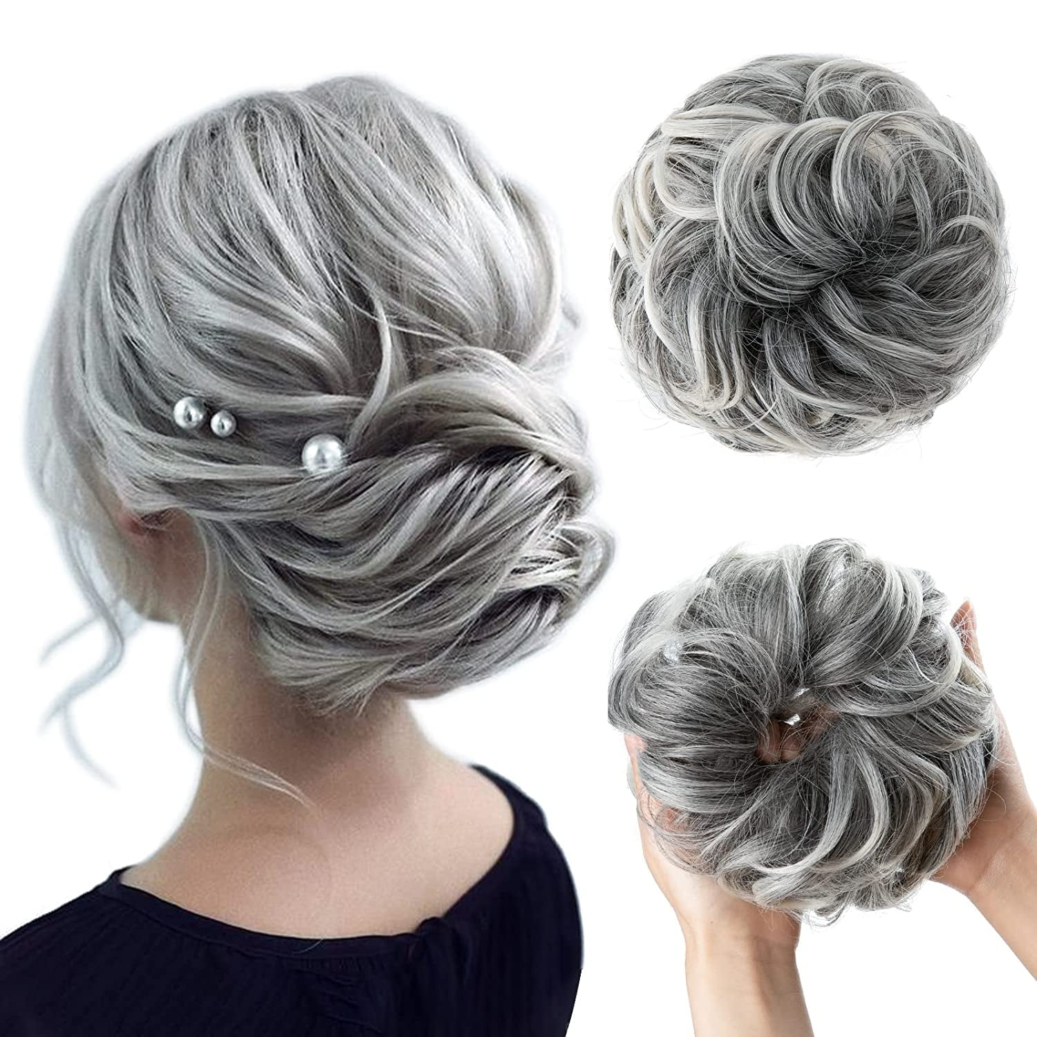 Large Messy Bun Hair Piece Wavy Curly Scrunchies Synthetic Chignon Ponytail Hair Extensions Thick Updo Hairpieces for Women (Gray and White Tips)