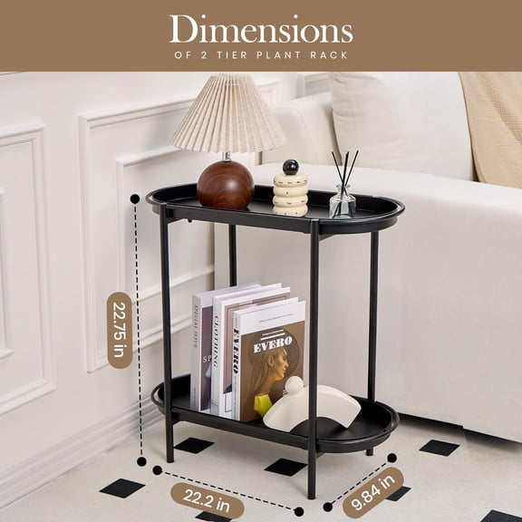 Large Metal 2-Tier Plant Stand  Sleek Black Indoor/Outdoor Flower Pot Shelf with Oval Trays, Space-Saving Modern Storage Rack for Plants, Decor, or Small Furniture Accent