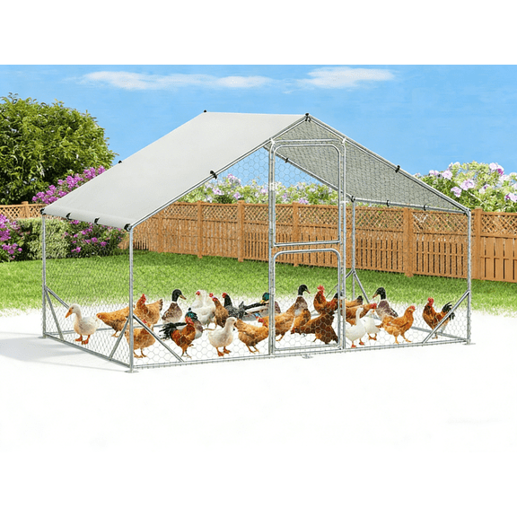 Large Metal Chicken Coop, 10x6.5x6.5FT Chicken Runs for Yard with Cover, Walk in Chicken Coop with Roosting Fixed Perch and Split Door