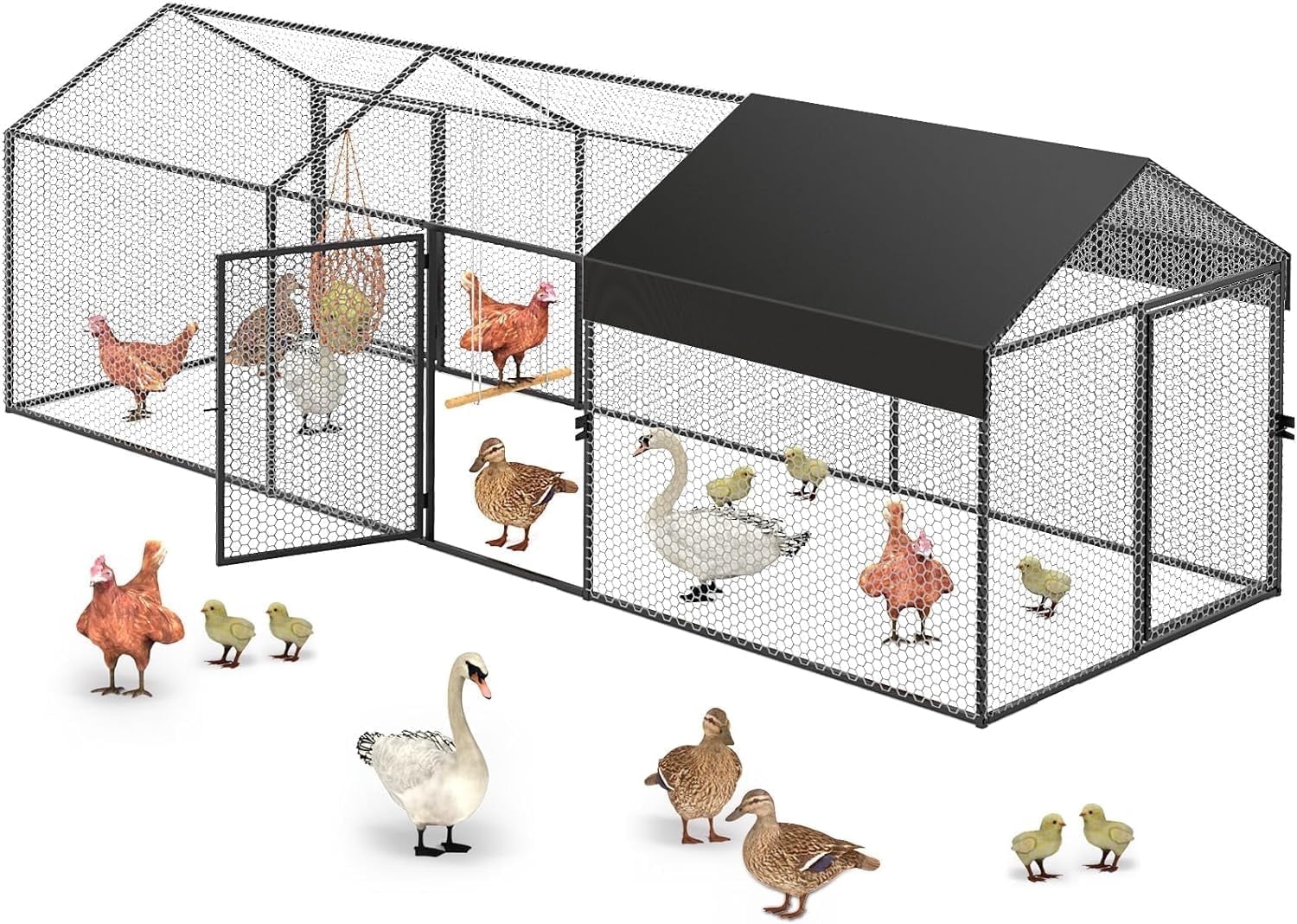 120"Lx40"Wx40"HMetal Chicken Coop with Waterproof Anti-UV Cover & Swing, Fits 50 Birds, Outdoor Poultry House