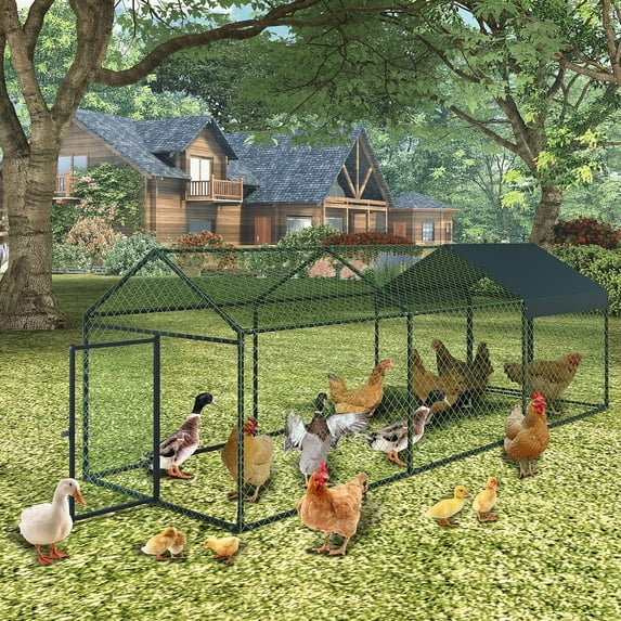 Large Metal Chicken Coop 120"x40"x40" with Waterproof Cover, Walk-In Predator-Proof Poultry Cage for Chickens, Ducks & Rabbits