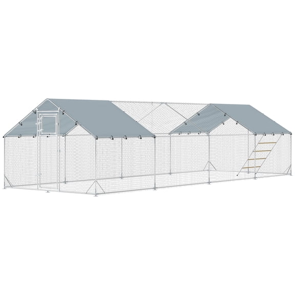 Large Metal Chicken Coop 26'x10'x6.4' with Waterproof Cover, Feeding Door, Hanging Feeder & Perch, Outdoor Poultry Run for 24-30 Chickens