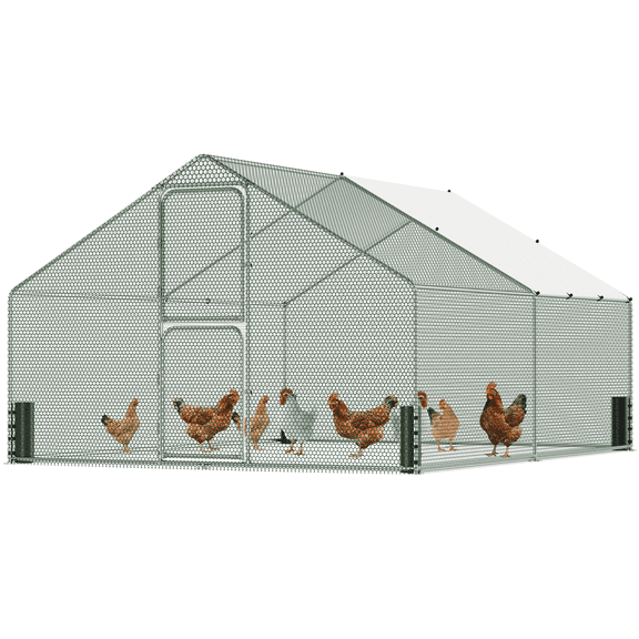 Large Metal Chicken Coop, Chicken Run with Feeding Door, Security Lock and Cover, Outdoor Walk-in Duck/Rabbit Cage Poultry Pen for Backyard, Farm, Yard