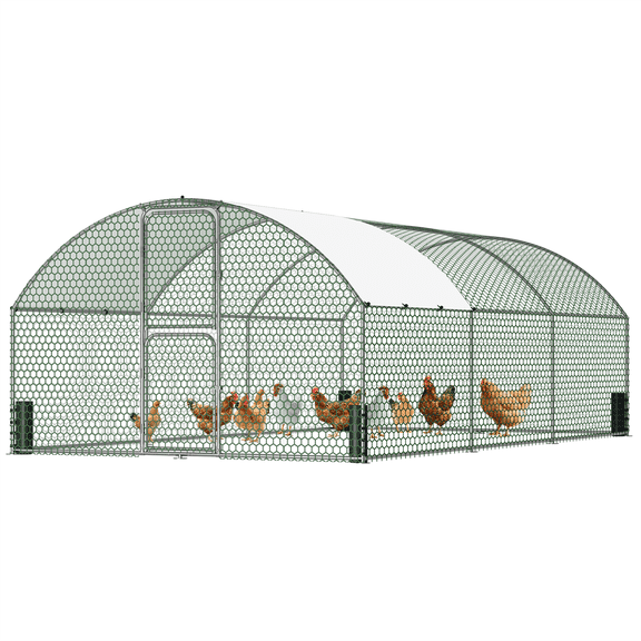 Large Metal Chicken Coop, Chicken Run with Feeding Door, Security Lock and Cover, Outdoor Walk-in Duck/Rabbit Cage Poultry Pen for Backyard, Farm, Yard