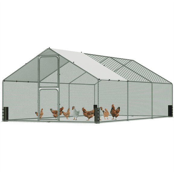 Large Metal Chicken Coop, Chicken Run with Feeding Door, Security Lock and Cover, Outdoor Walk-in Duck/Rabbit Cage Poultry Pen for Backyard, Farm, Yard