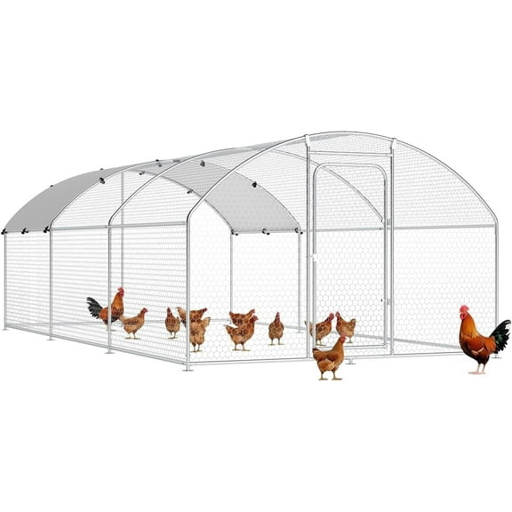 TIME RAY Large Metal Chicken Coop, Chicken Run Poultry Cage Hen with Water-Resident and Anti-UV Cover for Duck Rabbit House Outdoor Walk-in Chicken Pen for Yard, Dome Roof(10’ W x 19.7’ L x 6.4’ H)