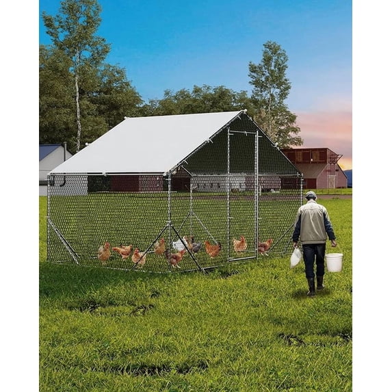 Large Metal Chicken Coop, Chicken Run for 6/10 Chickens, Outdoor Walk in Poultry Cage with Waterproof and Anti-UV Cover, 6.6 x 9.8 x 6.6 Ft