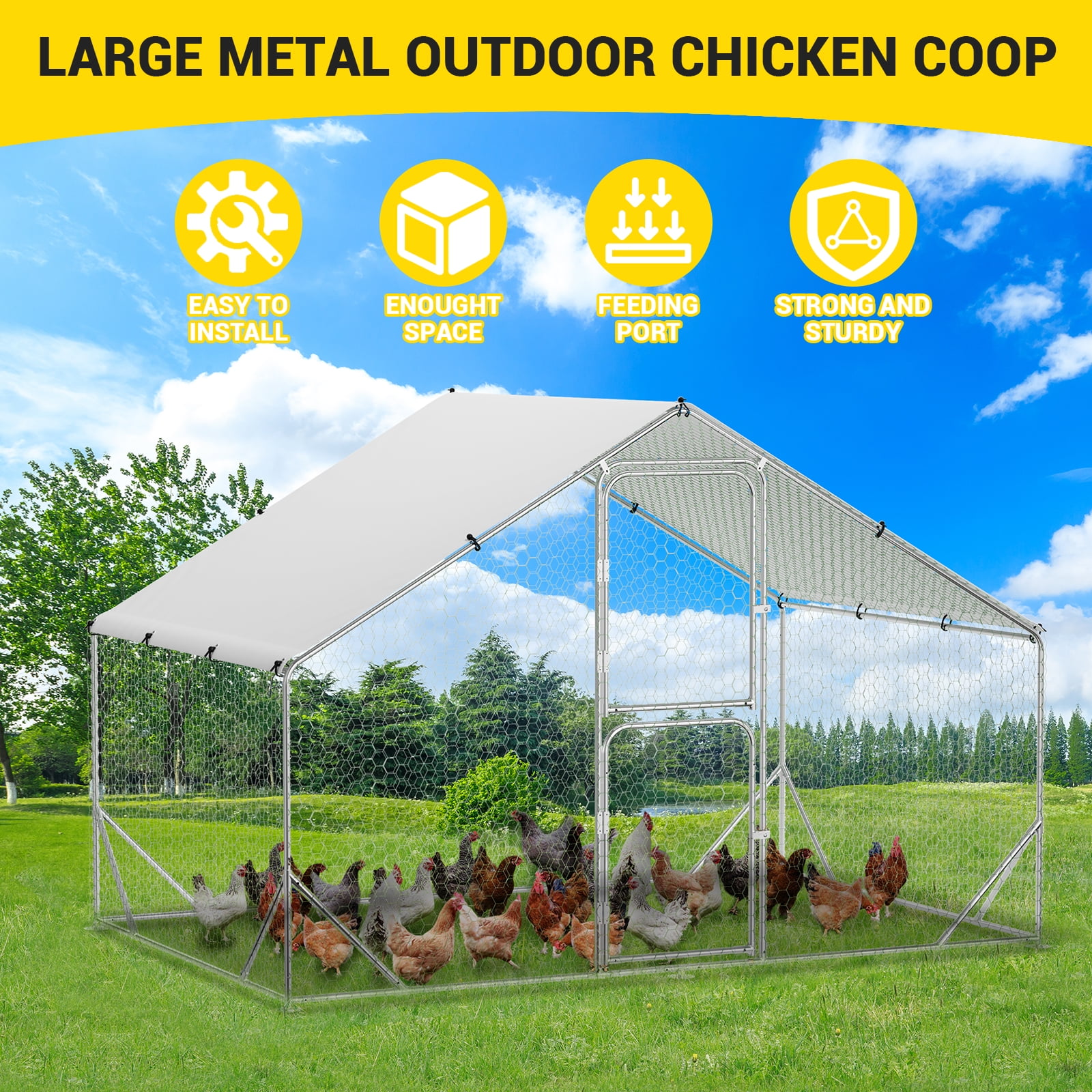 Large Metal Outdoor Chicken Coop with Waterproof Cover