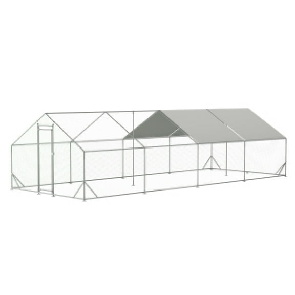 Large Metal Chicken Coop Run Backyard Hen House Poultry Habitat Cage Walk in Chicken Run with Waterproof & Anti-UV Cover, Outdoor Cage Peak Hen House for Yard Farm, 120x312x78.72 in.