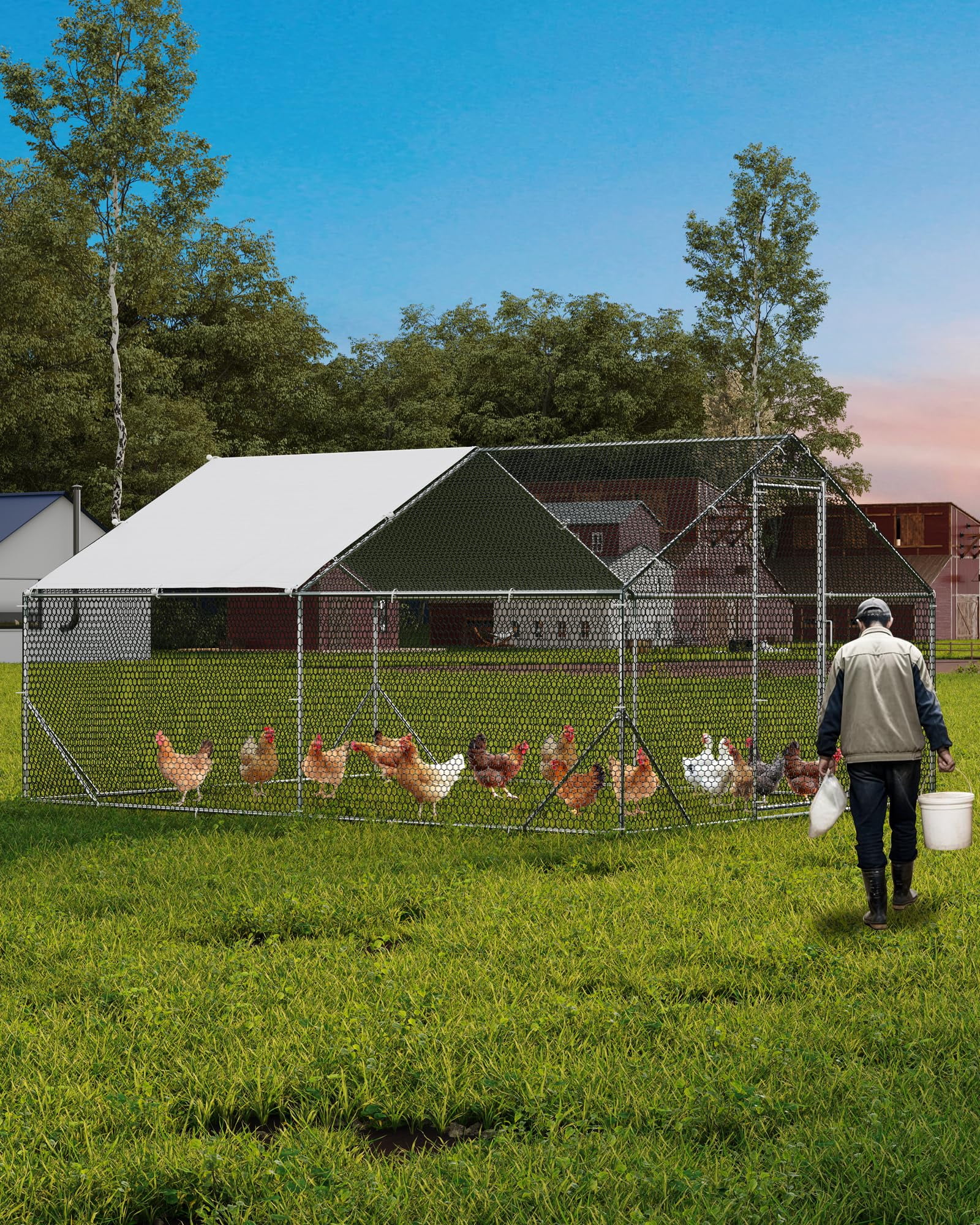 Large Metal Chicken Coop with Run, Walk-in Chicken Pen with Waterproof & Anti-UV Cover, Spire Roof Large Poultry Cage for Hen House, Duck Coop, Dog Kennel and Rabbit Run, 13.12 x 9.84 x 6.56 ft