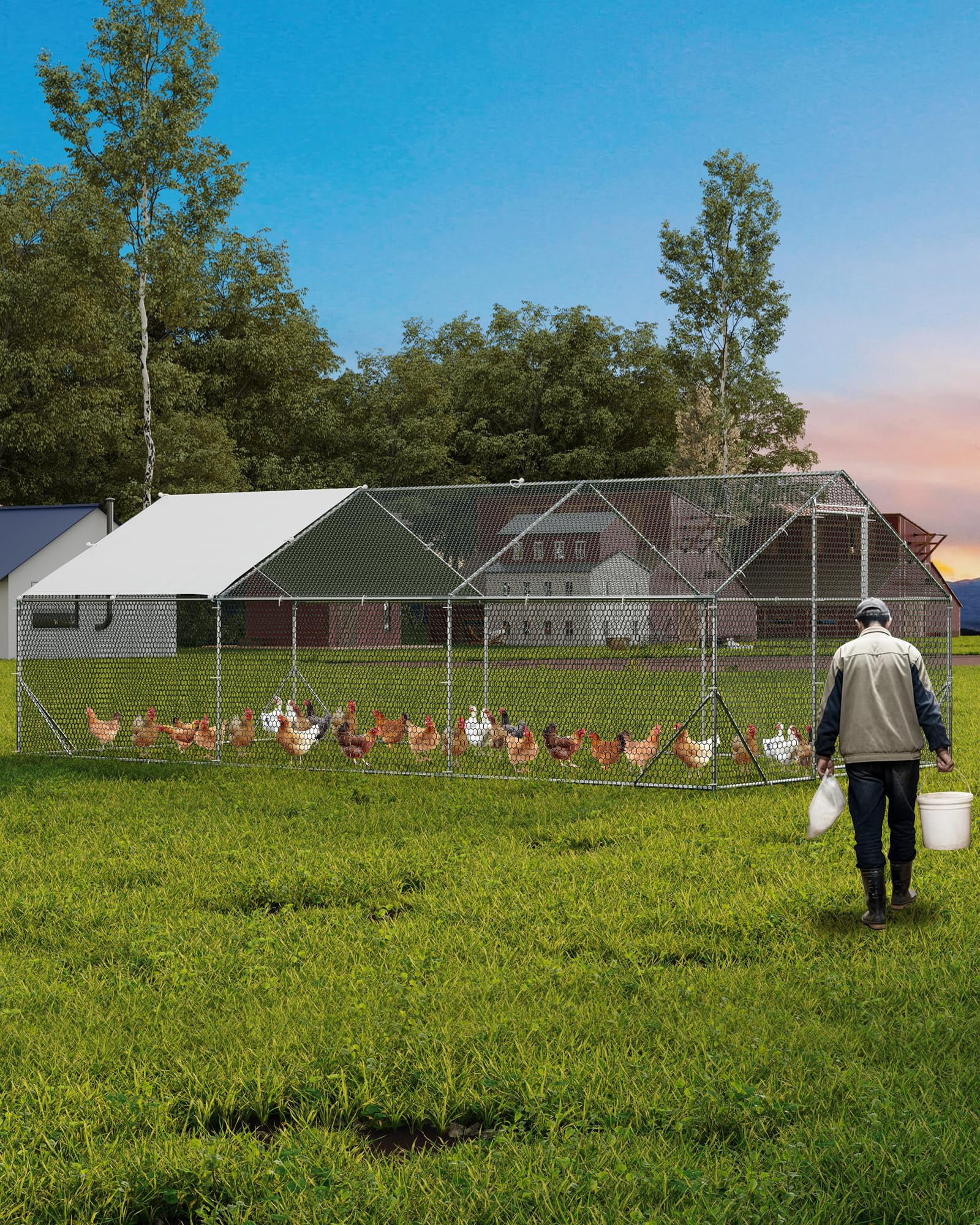 Large Metal Chicken Coop with Run, Walk-in Chicken Pen with Waterproof & Anti-UV Cover, Spire Roof Large Poultry Cage for Hen House, Duck Coop, Dog Kennel and Rabbit Run, 19.68 x 9.84 x 6.56 ft