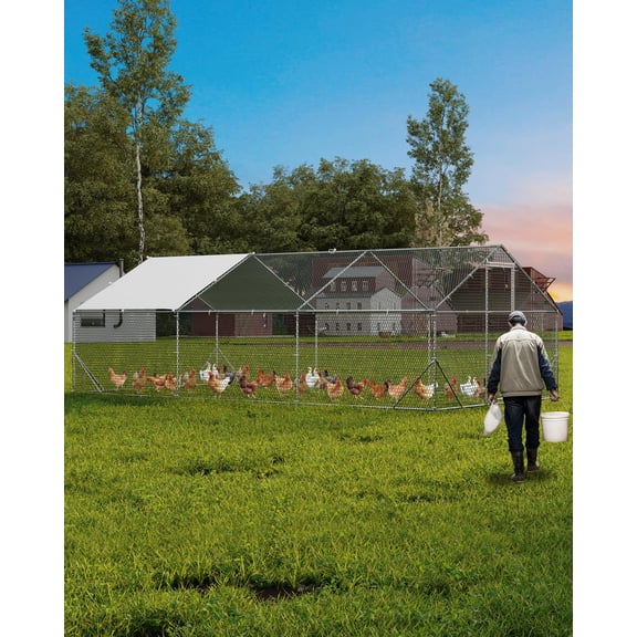 Large Metal Chicken Coop with Run, Walk-in Chicken Pen with Waterproof & Anti-UV Cover, Spire Roof Large Poultry Cage for Hen House, Duck Coop, Dog Kennel and Rabbit Run, 19.68 x 9.84 x 6.56 ft