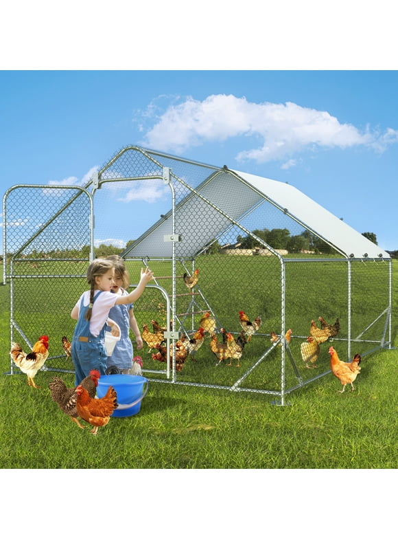 Large Metal Chicken Coop, SACVON 13.1x9.8x6.6 ft Chicken Cage Hen House with Waterproof Cover and Chicken Perch