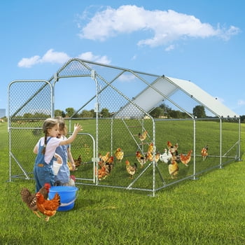 Large Metal Chicken Coop, SACVON 19.7x9.8x6.6 ft Chicken Cage Hen House with Waterproof Cover and Chicken Perch