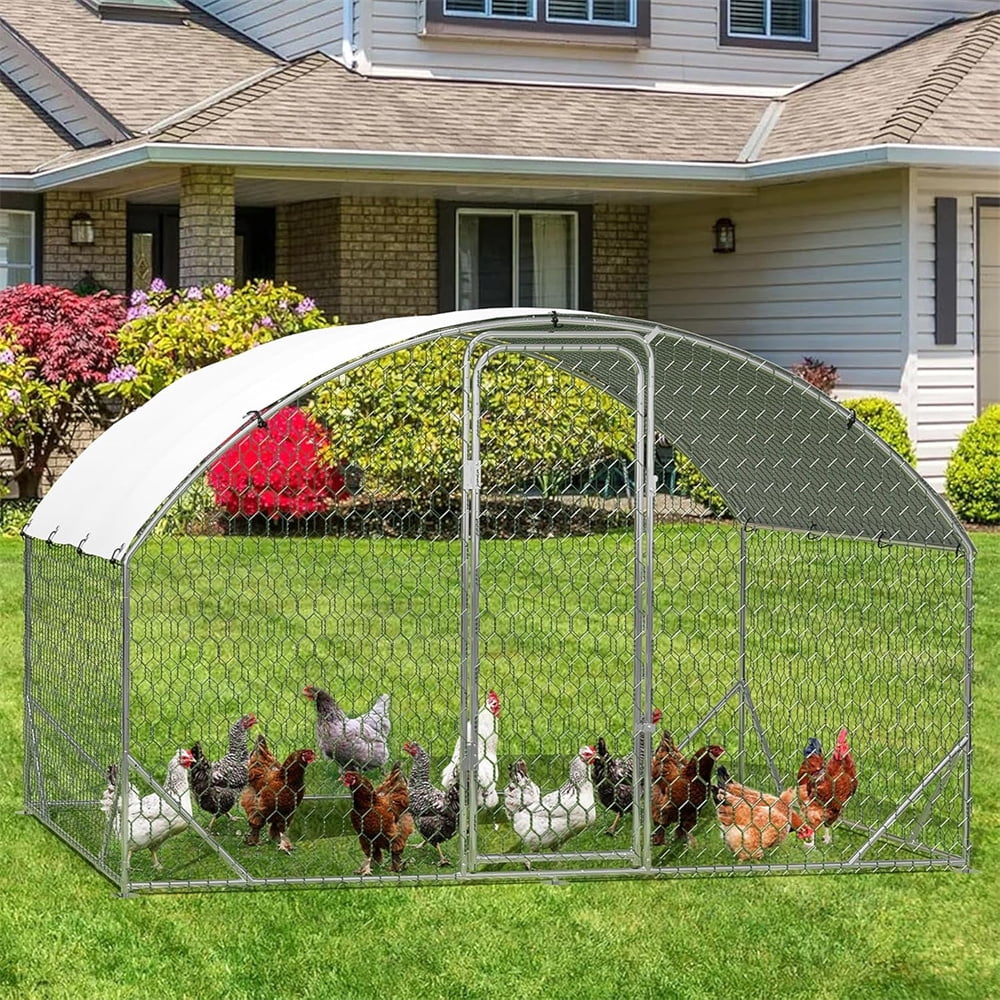 Large Metal Chicken Coop with Stiffener, Walk in Poultry Cage Chicken Run Pen with Waterproof Oxford Roof & PVC Hex Mesh Fencing for Chickens, Ducks, Rabbits, Quails