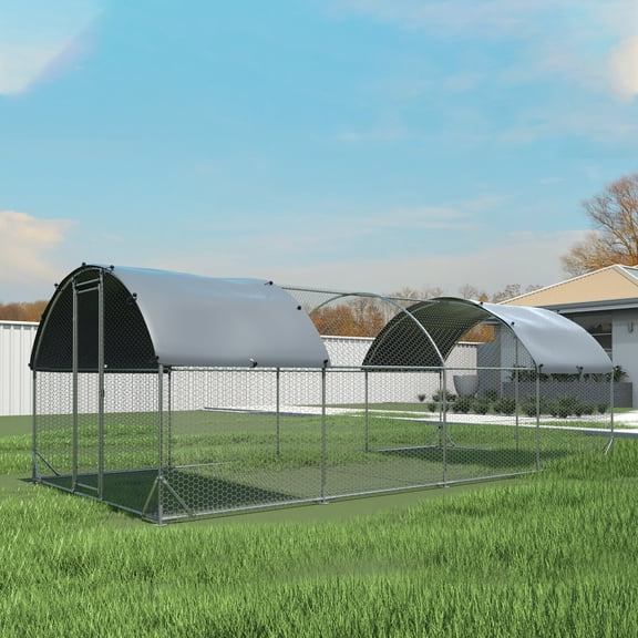 Large Metal Chicken Coop with Upgraded Net Cage and Oxford Cloth, Waterproof and UV Protection, Outdoor House for Ducks, Rabbits, Sheep, Birds(9.2'W x 24.9'L x 6.5'H)