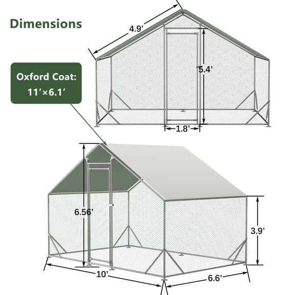 Large Metal Chicken Coop,Walk-In Chicken Run,Galvanized Wire Poultry Chicken Hen Pen Cage,Rabbits Duck Cages with Waterproof and Anti-Ultraviolet Cover for Outside(10' L X 6.6' W X 6.56' H),Silver