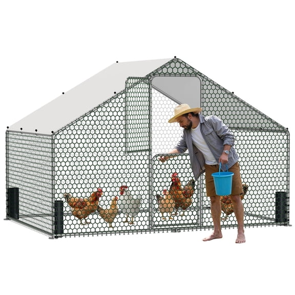 Large Metal Chicken Coop, Walk-in Chicken Run with Feeding Door, Security Lock and Cover, Outdoor Duck/Rabbit Cage Poultry Pen for Backyard, Farm, Yard
