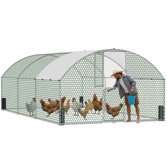 Large Metal Chicken Coop, Walk-in Chicken Run with Feeding Door, Security Lock and Cover, Outdoor Duck/Rabbit Cage Poultry Pen for Backyard, Farm, Yard
