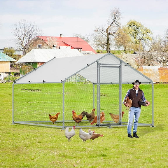 Large Metal Chicken Coop Walk-in Poultry Cage Hen Run House Duck House Rabbits Habitat Cage Spire Shaped Coop with Waterproof and Anti-Ultraviolet Cover for Outdoor Farm Use