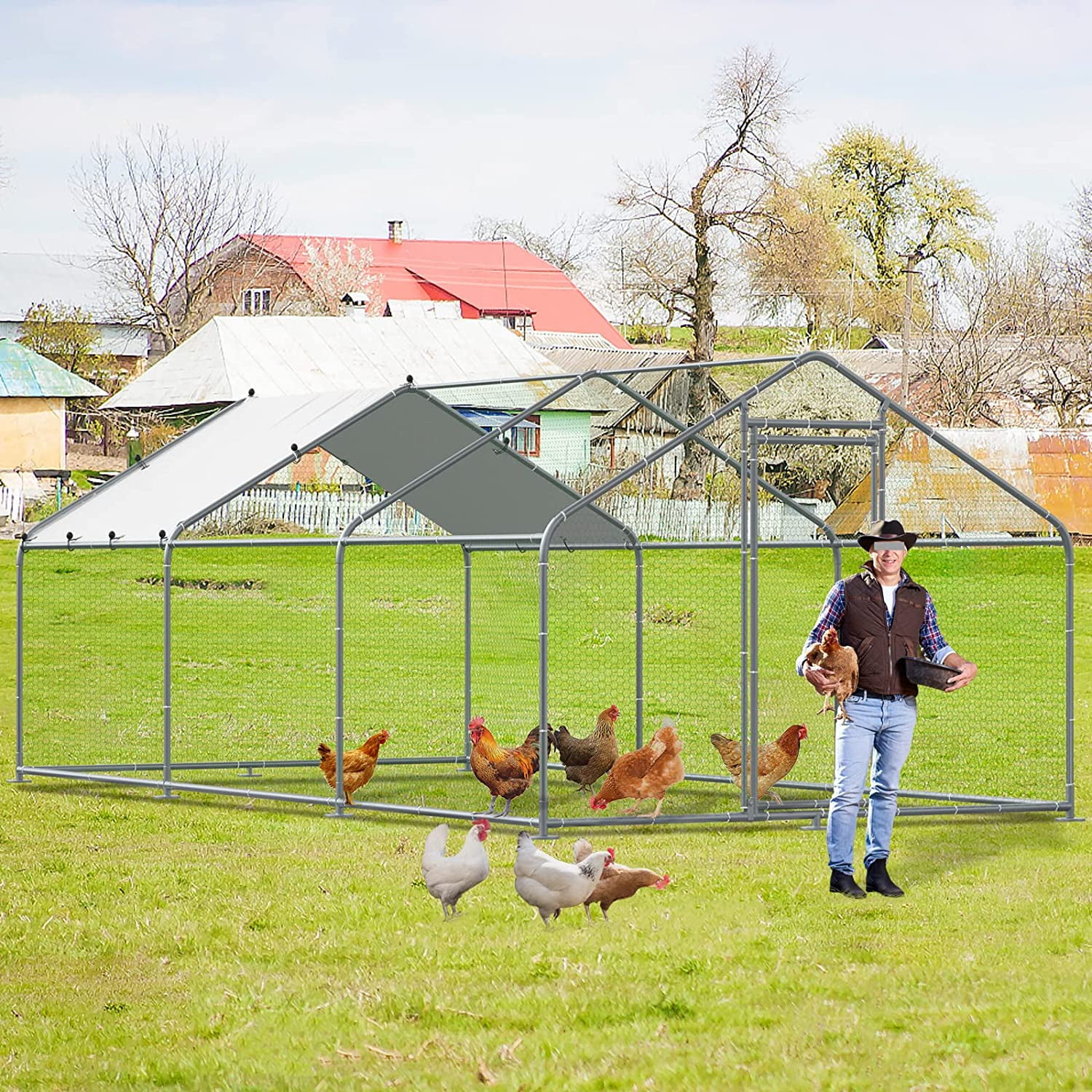 Large Metal Chicken Coop Walk-in Poultry Cage Hen Run House Duck House Rabbits Habitat Cage Spire Shaped Coop with Waterproof and Anti-Ultraviolet Cover for Outdoor Backyard Farm Use