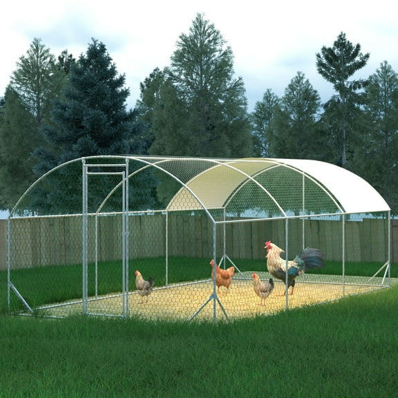 Large Metal Chicken Coop Walk-in Poultry Cage with Water-Resident and Anti-UV Cover Duck Rabbit Cat House Outdoor Chicken Run Pen with Round Roof Nesting Box and Run